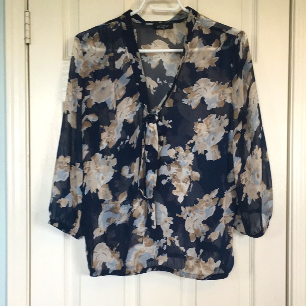 EUC Sheer V neck blouse with decorative tie at front